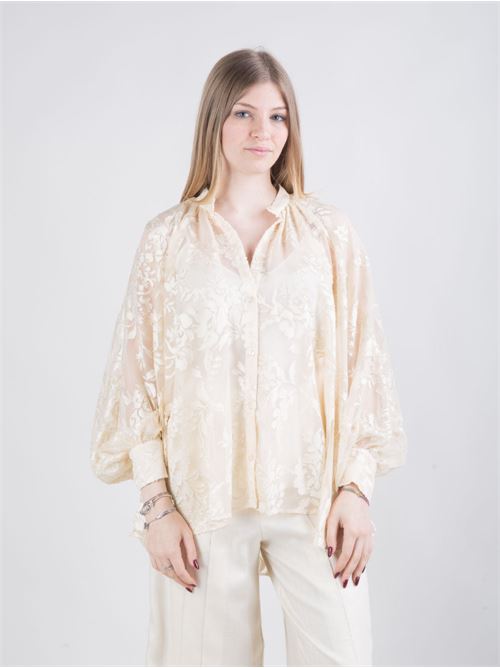 Transparent devoré satin shirt with floral motifs. Cape-style wide fit with gathered neckline, mandarin collar and buttoned cuffs. Sold with matching slip top in solid color. Ermanno Firenze | D48EK019CSE60MFB31
